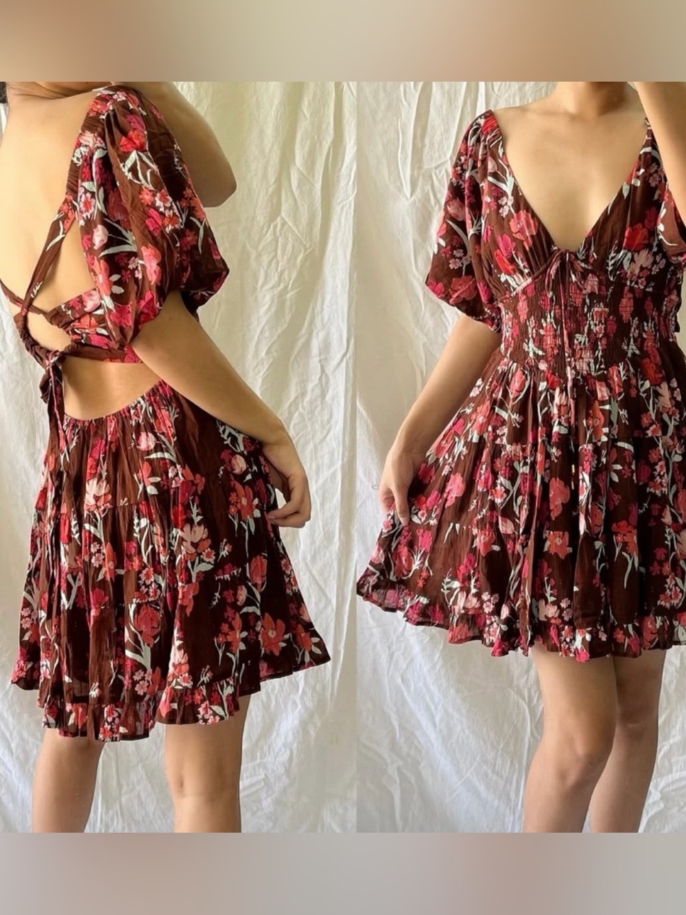 Free People Perfect Day Brown Floral Mini Dress with Pink and Cream Accents